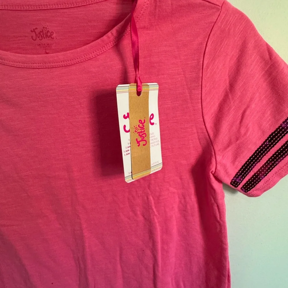 NWT Justice hot Pink Sequin Sleeve jersey style T-Shirt size large 12/14